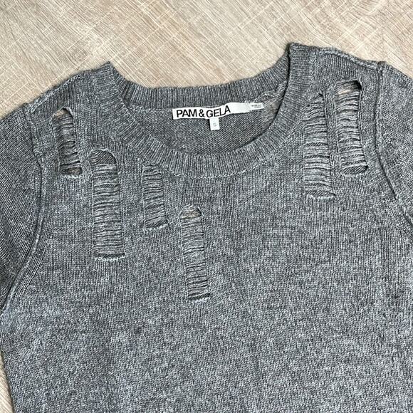 PAM & GELA Gray Cashmere Wool Blend Distressed Zipper Detail Sweater Dress Small - Picture 4 of 11